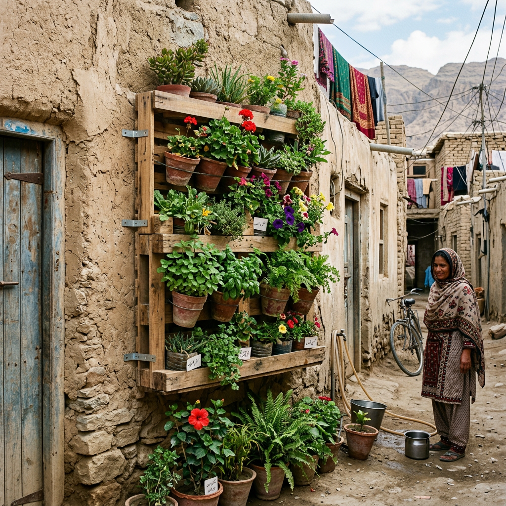 Vertical wooden planter with various potted flowers and herbs on adobe wall, woman in traditional clothing nearby